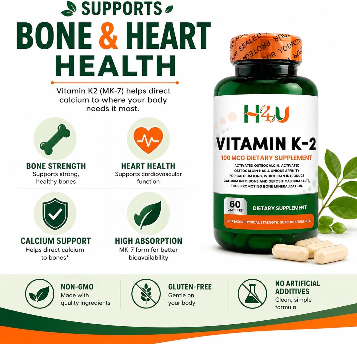 H4U Vitamin K2 MK-7 100 mcg – 60 Veggie Capsules – Supports Bone & Heart Health - görsel 2
