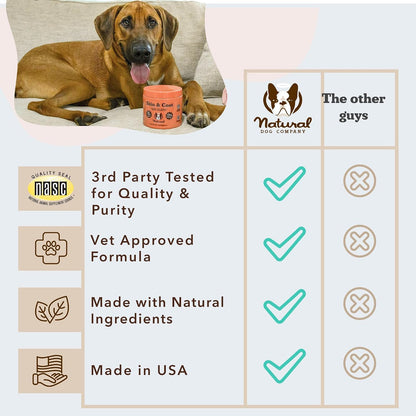 Natural Dog Company Skin & Coat Supplement for Dogs – Omega-3 Salmon Oil, Biotin & Vitamin E, 90 Soft Chews