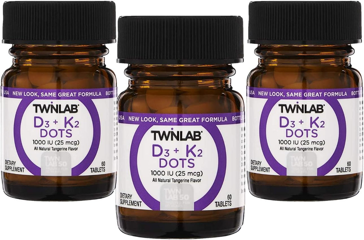 Twinlab D3 + K2 Dots - Vitamin D3 & K2 Supplement - 1000 IU D3 + 90 mcg K2 - Tangerine - 60 Tablets (3-Pack) - görsel 1