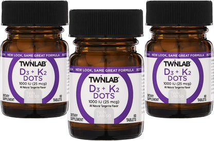 Twinlab D3 + K2 Dots - Vitamin D3 & K2 Supplement - 1000 IU D3 + 90 mcg K2 - Tangerine - 60 Tablets (3-Pack)