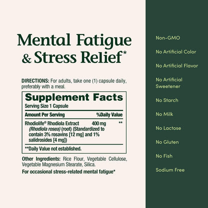 Nature's Bounty Rhodiola 400 mg, 30 Capsules – Mental Fatigue & Stress Support
