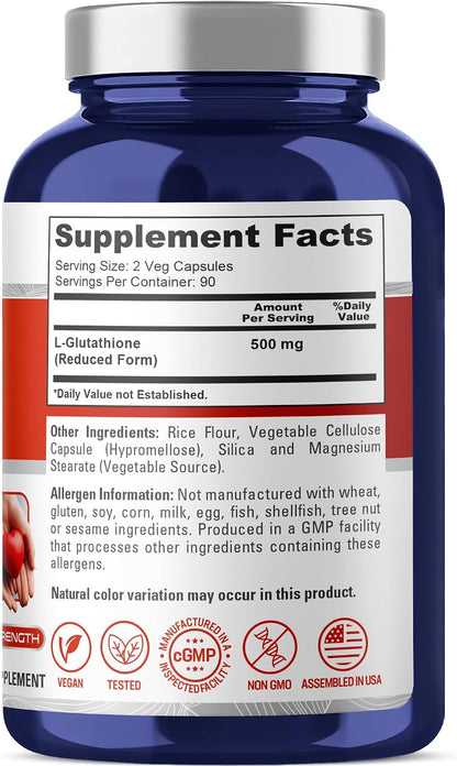 Reduced Glutathione 500mg 180 Vegetable Capsules (Vegan, Non-GMO)