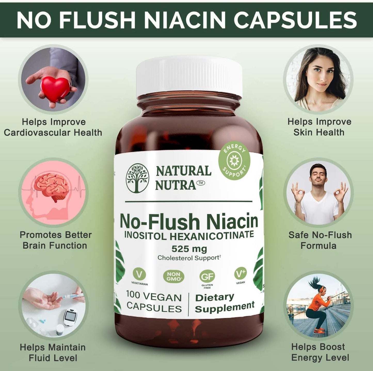 Natural Nutra No Flush Niacin 525 mg, 100 Capsules - Vitamin B3 Supplement - görsel 3