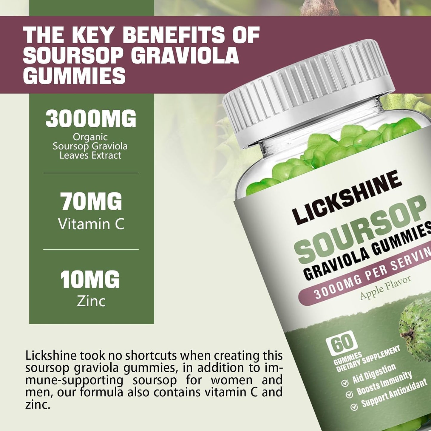 Lickshine 2 Pack Soursop Graviola Gummies - 3000mg Extra Strength with Vitamin C & Zinc - Sugar Free, Non-GMO, Vegan - Digestive Health & Immune Support - 120 Gummies - görsel 2