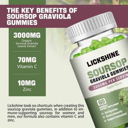 Lickshine 2 Pack Soursop Graviola Gummies - 3000mg Extra Strength with Vitamin C & Zinc - Sugar Free, Non-GMO, Vegan - Digestive Health & Immune Support - 120 Gummies