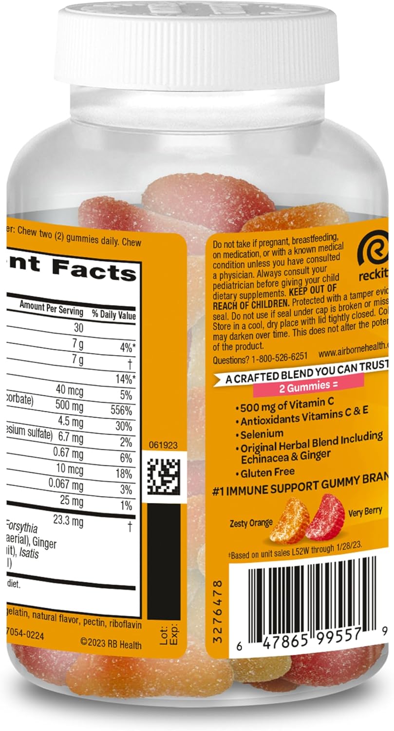 Airborne Kids 500mg Vitamin C Gummies with Zinc and Vitamin E - Immune Support Chewable Gummies - 63 Assorted Fruit Flavours - görsel 10