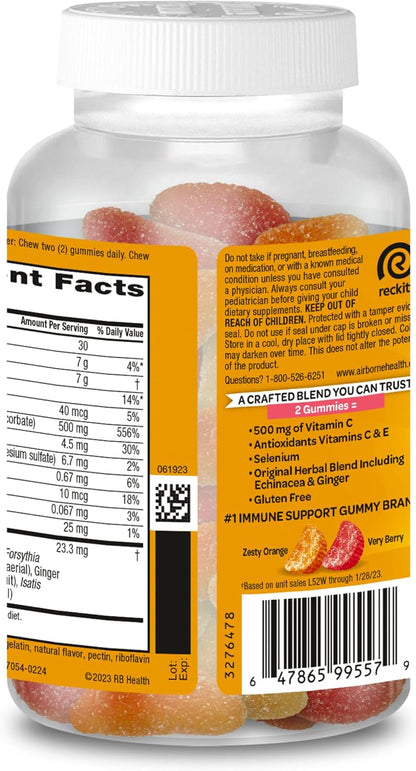 Airborne Kids 500mg Vitamin C Gummies with Zinc and Vitamin E - Immune Support Chewable Gummies - 63 Assorted Fruit Flavours