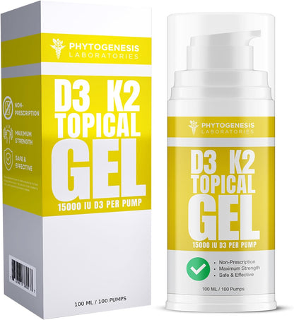 Phytogenesis Vitamin D3 K2 High Strength Topical Gel - 15000+ IU D3 & 210 mcg K2 per Pump - Immune, Bone & Joint Support - One Month Supply