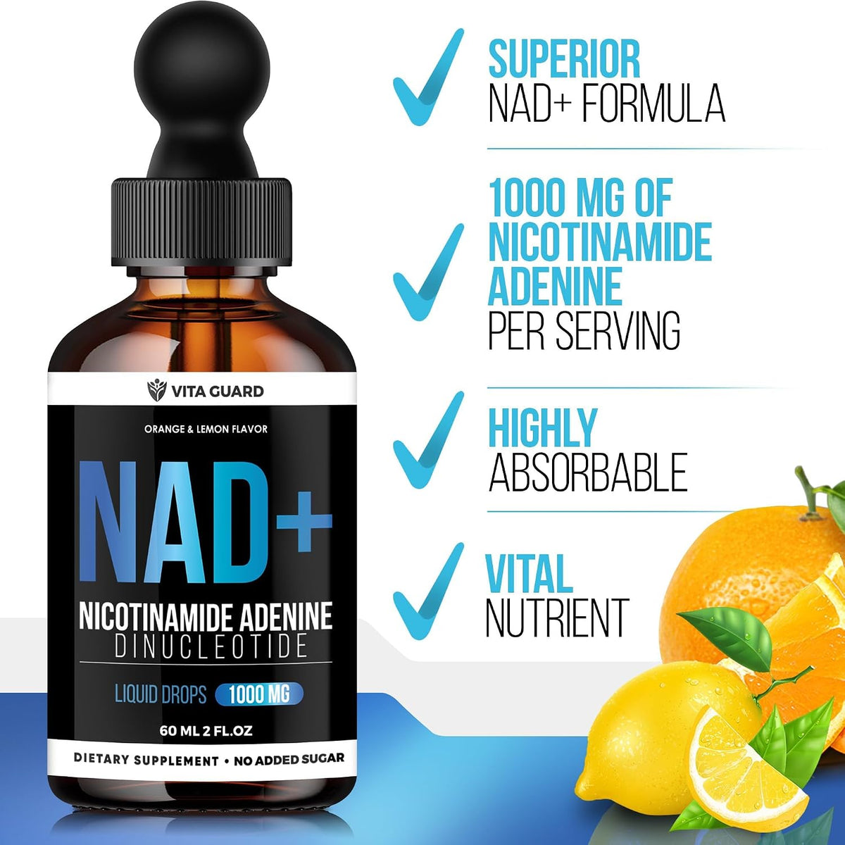 Vita Guard Pure NAD+ Liquid Drops 1000mg - NAD+ Precursor Supplement with Natural Citrus Flavour - görsel 6