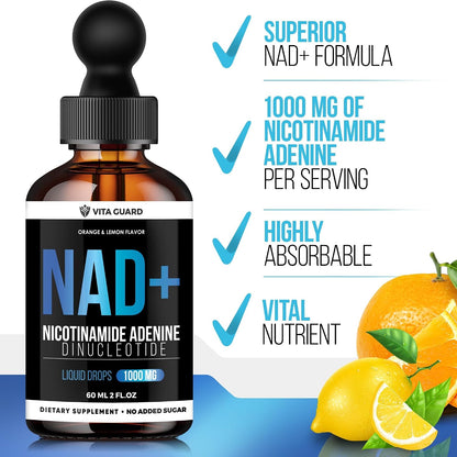 Vita Guard Pure NAD+ Liquid Drops 1000mg - NAD+ Precursor Supplement with Natural Citrus Flavour