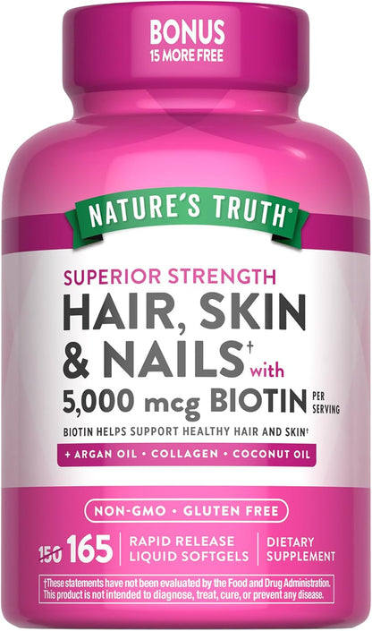 Nature's Truth Hair, Skin & Nails Vitamin | 5000 mcg Biotin | 165 Softgels | with Collagen | Non-GMO & Gluten-free Supplement