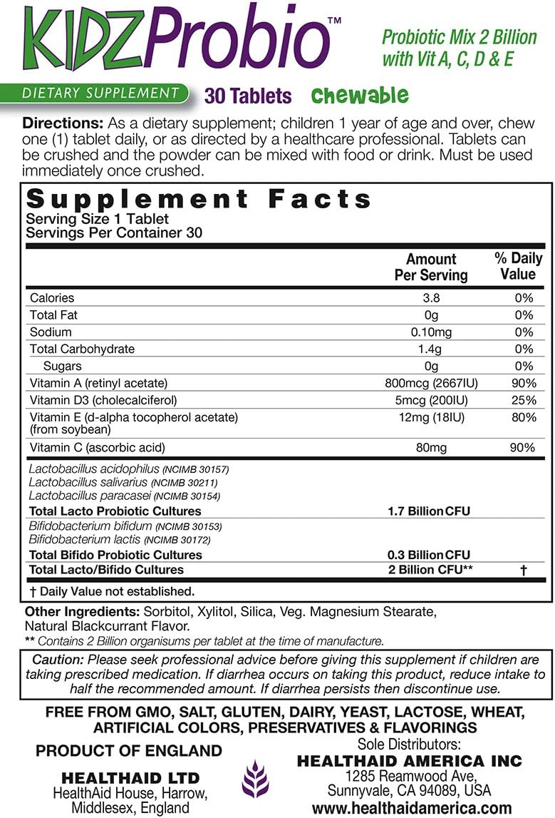 HealthAid KidzProbio Chewable Probiotic for Kids – 2 Billion CFU, 5 Strains + Prebiotic & Vitamins A, C, D & E – Supports Digestive & Immune Health – Blackcurrant Flavour, 30 Daily Tablets - görsel 2