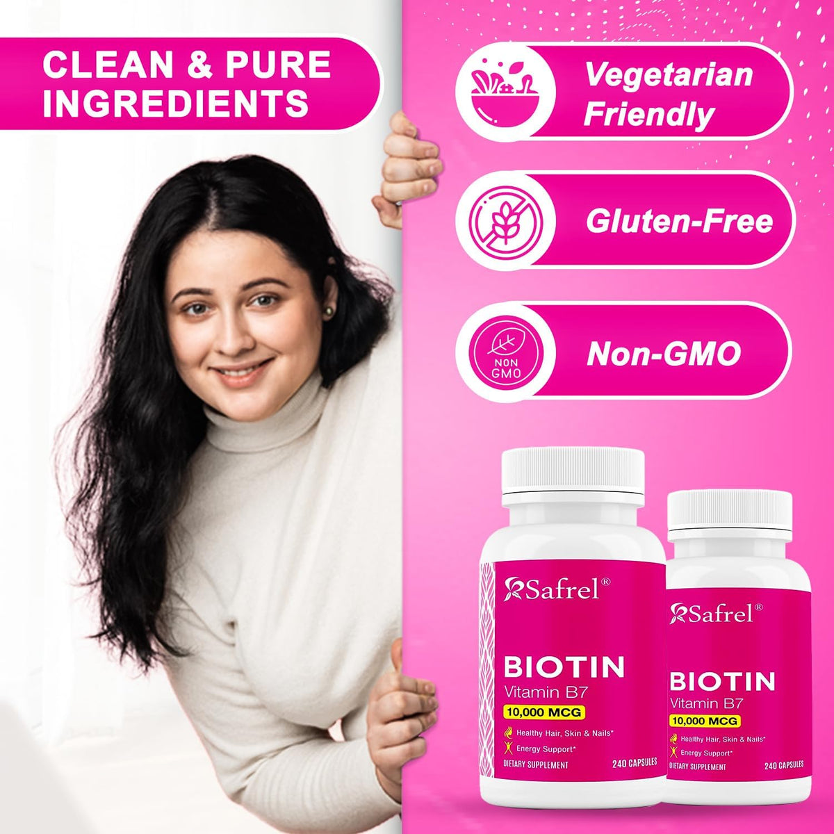 Safrel Biotin 10,000µg (10mg) Supplement, 240 Capsules – Vegetarian, Gluten-free, Non-GM - görsel 4