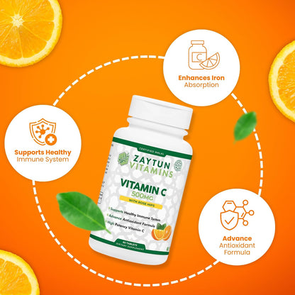 Zaytun Halal Vitamin C 500mg with Rose Hips & Bioflavonoids - Vegetarian, Gluten-Free - 60 Tablets (2-Month Supply)