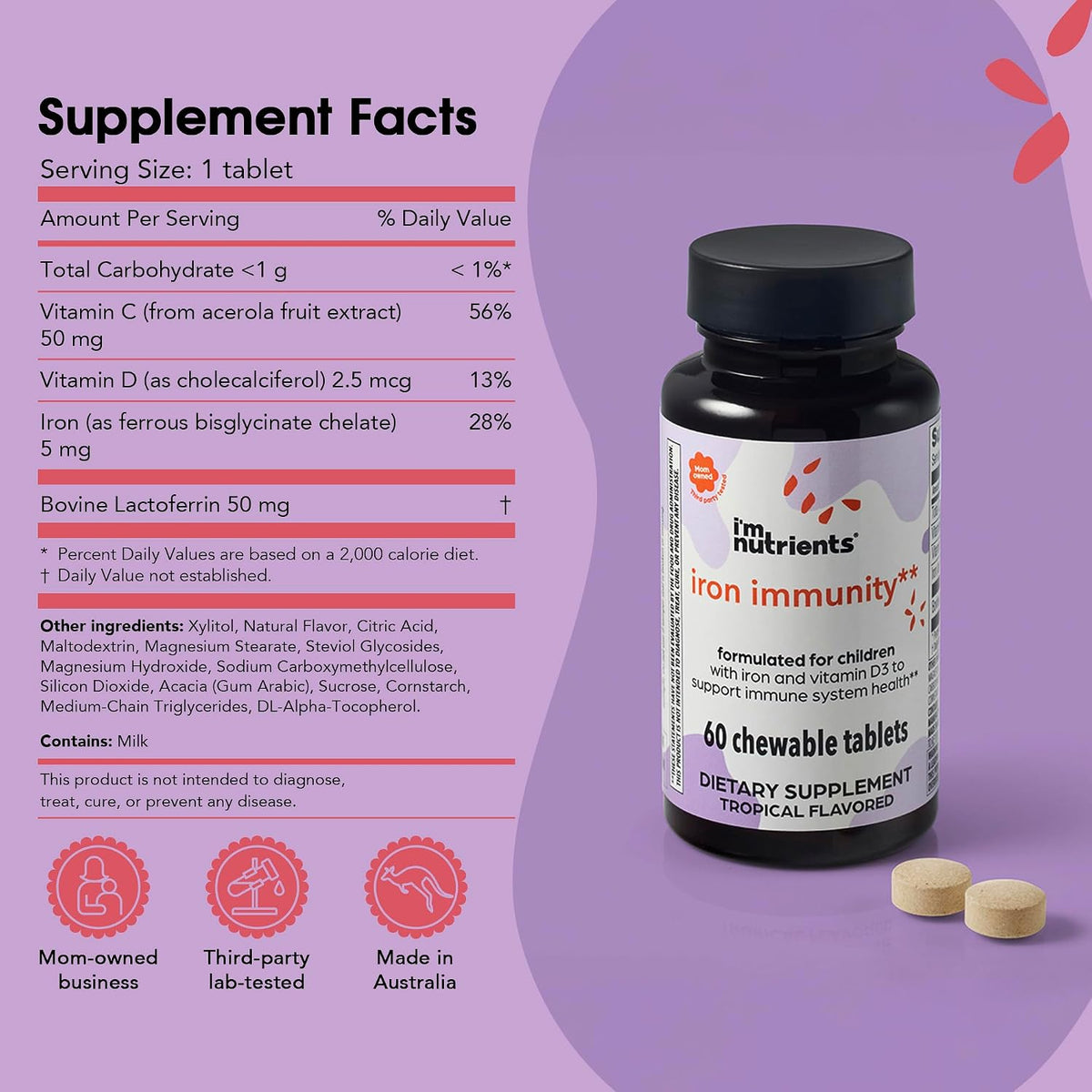 I’m Nutrients Iron Immunity – Kids Iron Supplement with Vitamin C & D3, 60 Chewable Tablets - görsel 2
