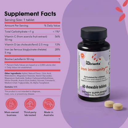 I’m Nutrients Iron Immunity – Kids Iron Supplement with Vitamin C & D3, 60 Chewable Tablets