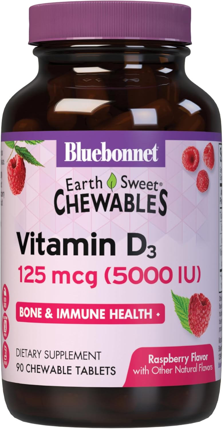 Bluebonnet Nutrition Earth Sweet Vitamin D3 5000 IU Chewable Tablets, Raspberry - 90 Count - görsel 1