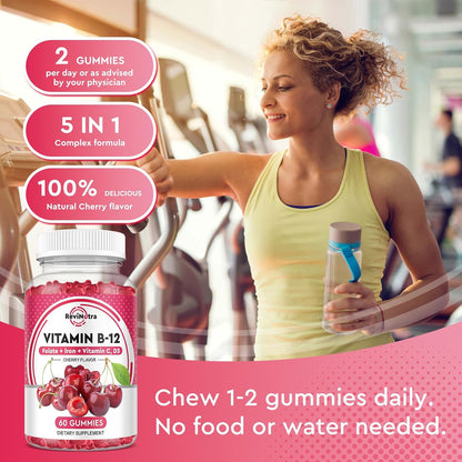ReviNutra Vitamin B12 Gummies - 5000 mcg Methylcobalamin with Iron, Vitamin C, D3 & Folate - Energy Support & Metabolism - 120 Count (2 Pack)