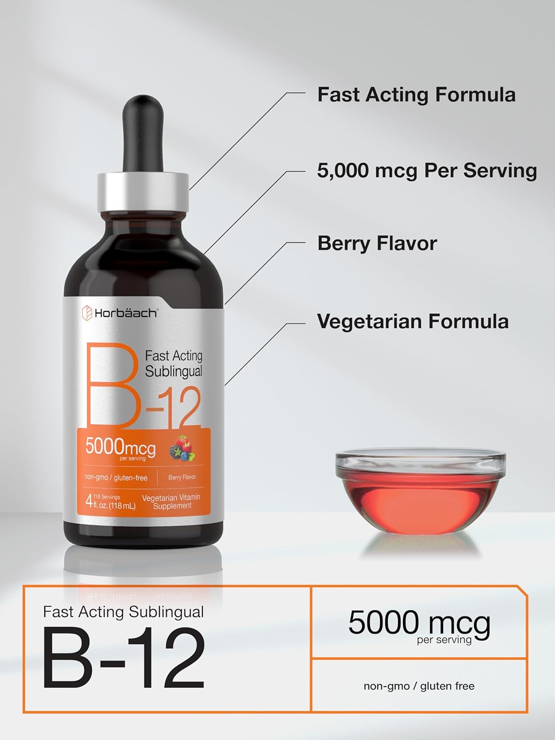 Horbaach B12 5000 mcg Sublingual Liquid Drops - Methylcobalamin & Cyanocobalamin, Berry Flavour, 118ml - görsel 4