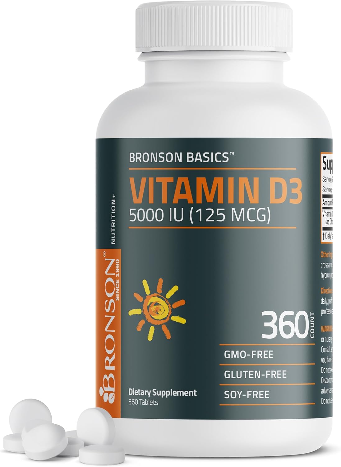 Bronson Vitamin D3 5000 IU (125mcg) Non-GMO Gluten-Free Soya-Free 360 Tablets - görsel 1