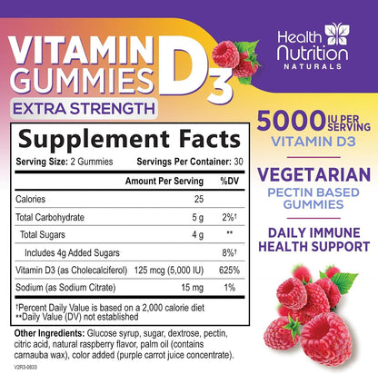 Vitamin D3 Gummies 125 µg (5000 IU) Per Serving - Triple Strength Immune & Bone Support, Vitamin D Gummy Food Supplement, Nature's Berry D Vitamin Supplement, Raspberry Flavoured - 60 Gummies