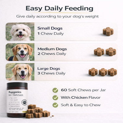 Pupganics Multivitamin Soft Chews for Dog, Dog Vitamins and Supplements for Immune System, Joint Support, Skin, Gut Health, with Probiotics, Glucosamine, Vitamin A/D3/E, Chicken Flavour, 60 Count (1)
