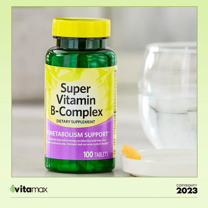 Spring Valley Super Vitamin B-Complex Tablets Food Supplement Value Size, 100 Tablets (Over 3 Months' Supply) + Exclusive VitaMax Vitamin Guide (2 Items)