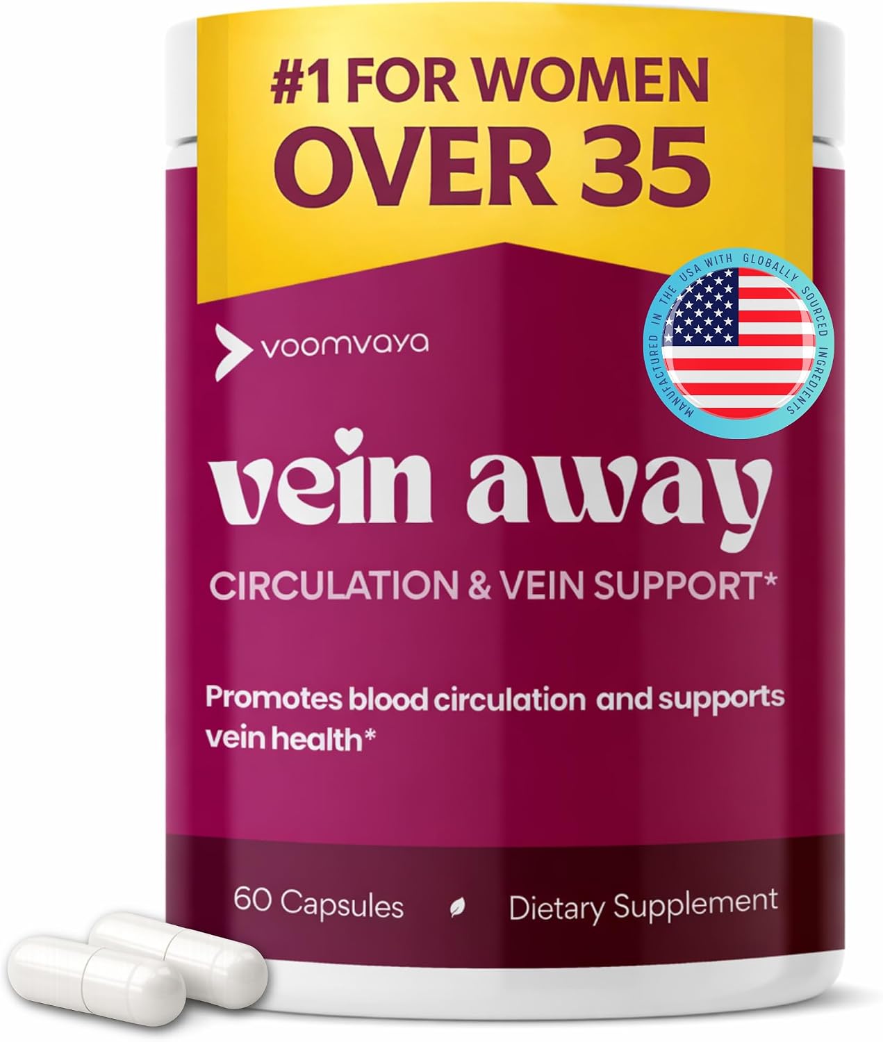 VoomVaya Vein Away – Blood Circulation & Vein Support for Women 35+ | with Diosmin & Hesperidin | 60 Capsules - görsel 1