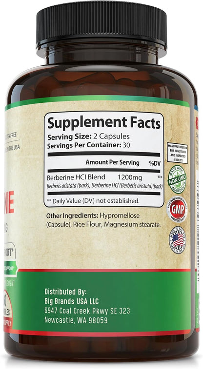 1200mg Berberine Herbal Health Capsules – Heart & Cardiovascular Support, 60 Capsules