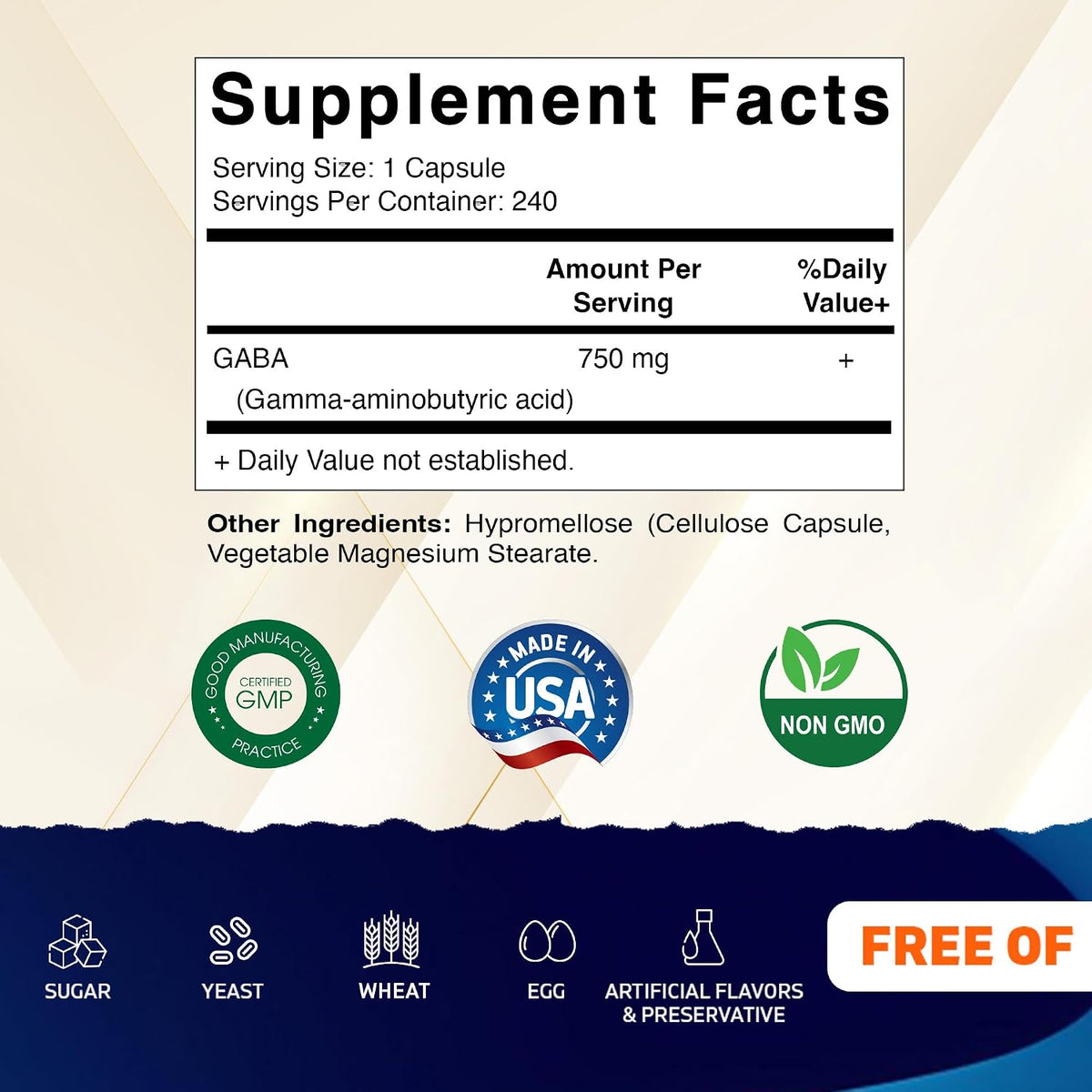 Vitamatic GABA (Gamma Aminobutyric Acid) 750mg, 240 Vegetable Capsules – Non-GMO, Gluten-free - görsel 2