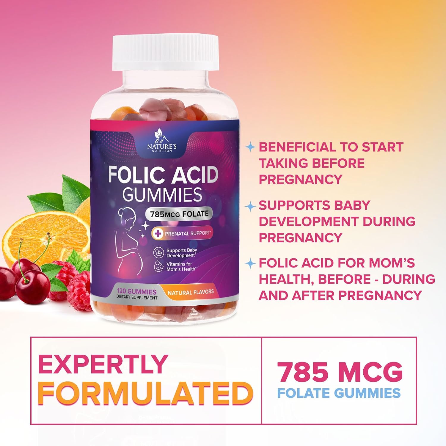 Folic Acid Gummies for Women – Prenatal Folate Supplement – Natural Orange & Cherry Flavour – 120 Gummies - görsel 7