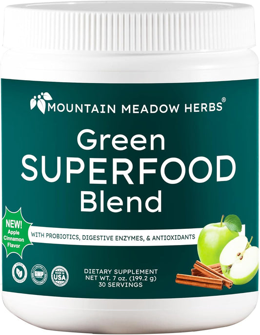 Mountain Meadow Herbs Green Superfood Blend – Organic Greens Powder with Spirulina, Chlorella, Probiotics & Digestive Enzymes – Apple Cinnamon Flavour – 30 Servings