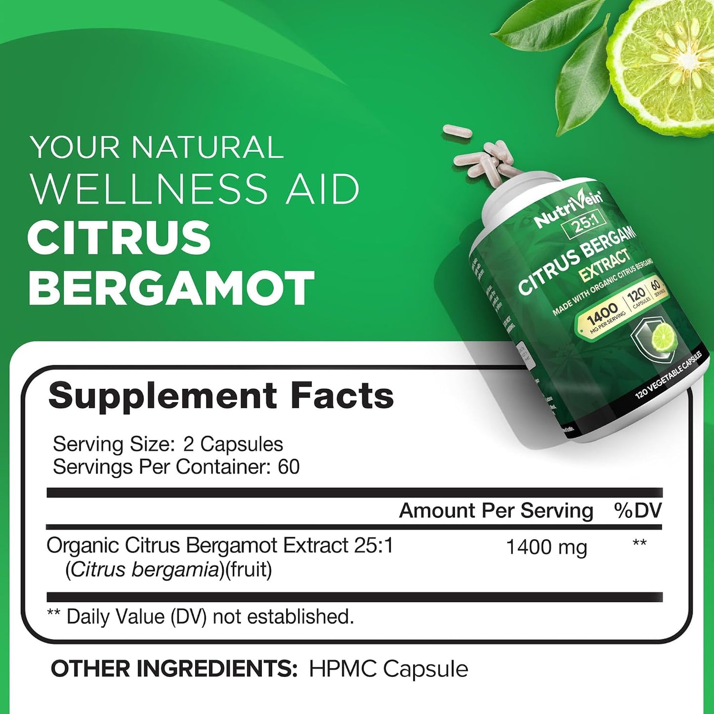 Nutrivein Premium Citrus Bergamot Supplement 1400mg, 120 Capsules - görsel 2