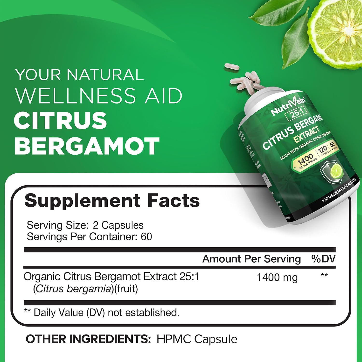 Nutrivein Premium Citrus Bergamot Supplement 1400mg, 120 Capsules - görsel 2