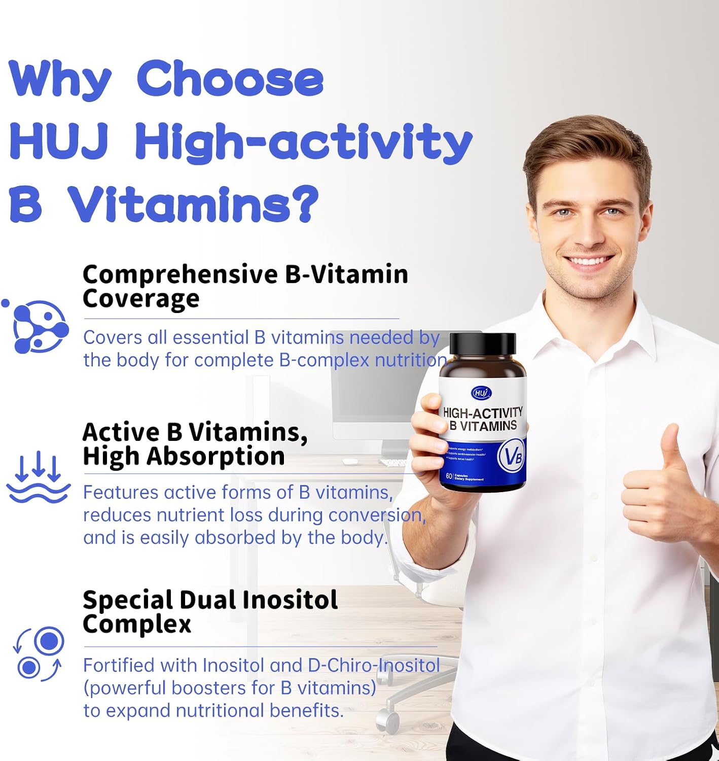 HUJ High-Activity B Vitamins – Contributes to Normal Energy Metabolism and Nervous System Function – Food Supplement with 8 B Vitamins, Inositol and D-Chiro Inositol – 60 Capsules - görsel 5