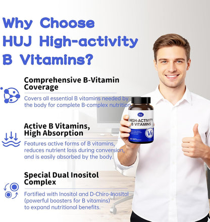 HUJ High-Activity B Vitamins – Contributes to Normal Energy Metabolism and Nervous System Function – Food Supplement with 8 B Vitamins, Inositol and D-Chiro Inositol – 60 Capsules