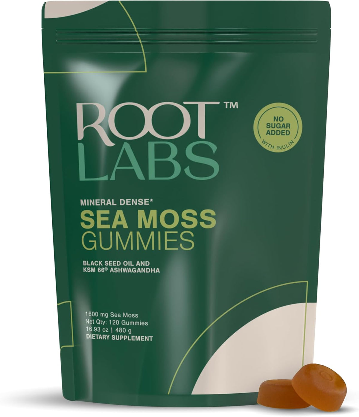 ROOT LABS Sea Moss Gummies - 120 Count (1600 mg) - with 92+ Minerals, KSM-66 Ashwagandha & Black Seed Oil, Vegan, No Added Sugar - görsel 1