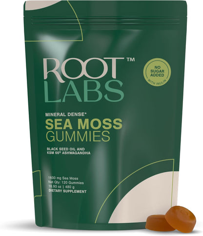 ROOT LABS Sea Moss Gummies - 120 Count (1600 mg) - with 92+ Minerals, KSM-66 Ashwagandha & Black Seed Oil, Vegan, No Added Sugar