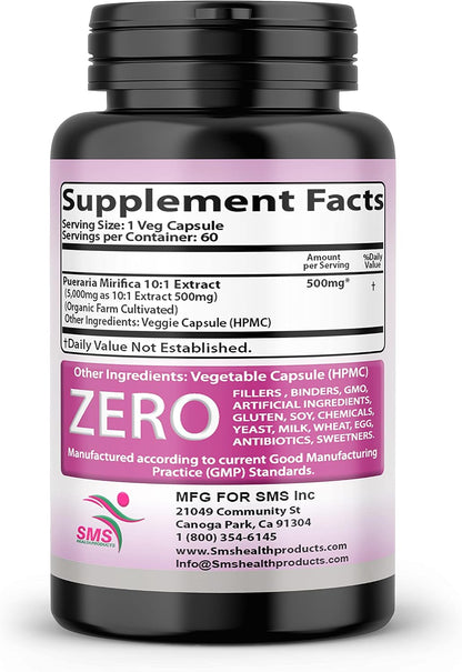 Pueraria Mirifica (Kwao Krua Kao) Supplement Capsules – Pure Root 10:1 Concentrated Extract, Premium Organic, 60 Veggie Capsules