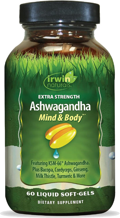 Irwin Naturals Extra Strength Ashwagandha Mind & Body Support with KSM-66 and Adaptogens, 60 Liquid Soft-Gels