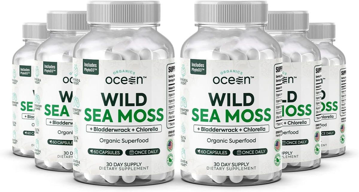 Organics Ocean Wild Sea Moss Capsules - 100% Organic Irish Sea Moss with Organic Chlorella, Bladderwrack and Vitamin D - 6 Bottles - görsel 1