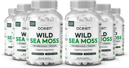 Organics Ocean Wild Sea Moss Capsules - 100% Organic Irish Sea Moss with Organic Chlorella, Bladderwrack and Vitamin D - 6 Bottles
