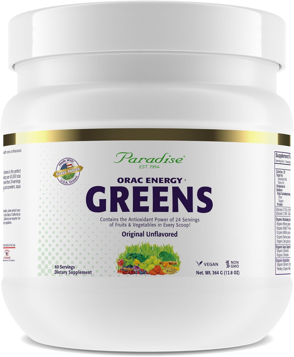 Paradise ORAC Energy Greens Powder Extract – Super Antioxidants, Probiotics and Spirulina, 60 Servings - görsel 1