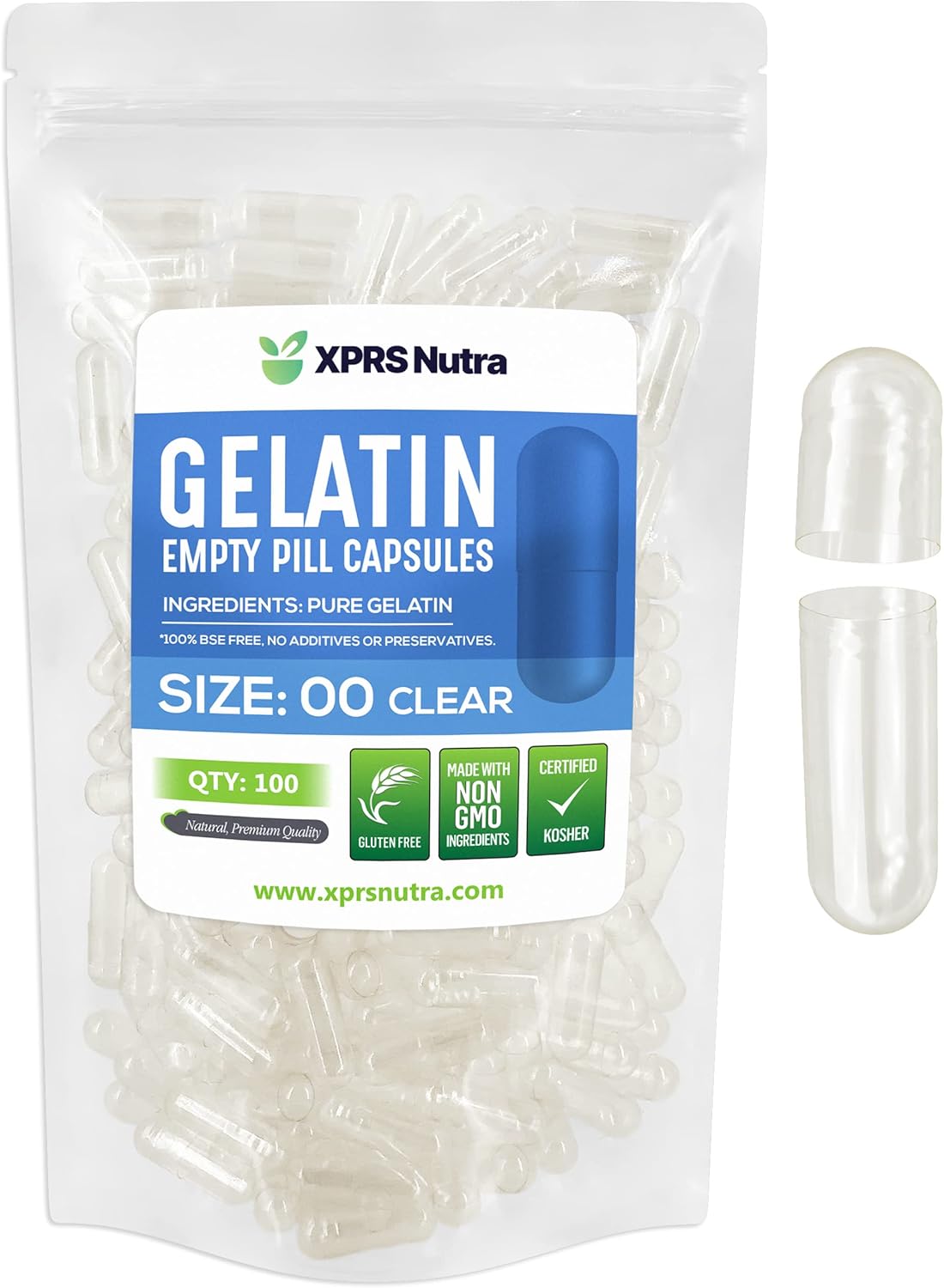 XPRS Nutra Size 00 Empty Gelatine Capsules - 100 Pack - Clear Capsules for DIY Supplement Encapsulation - görsel 1