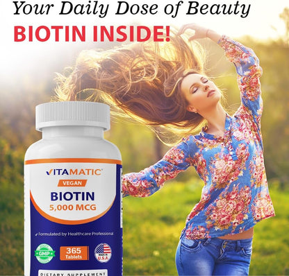 Vitamatic Biotin 5000mcg (5 mg) for Healthier Hair, Skin and Nails – 365 Vegan Tablets