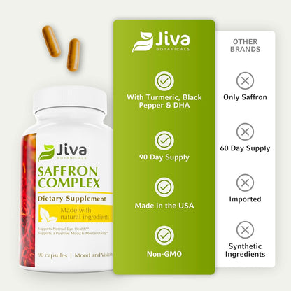 Jiva Saffron Supplements – Pure Saffron Extract 88.5 mg with Turmeric & Black Pepper for Mood, Clarity & Eye Health – 90 Capsules
