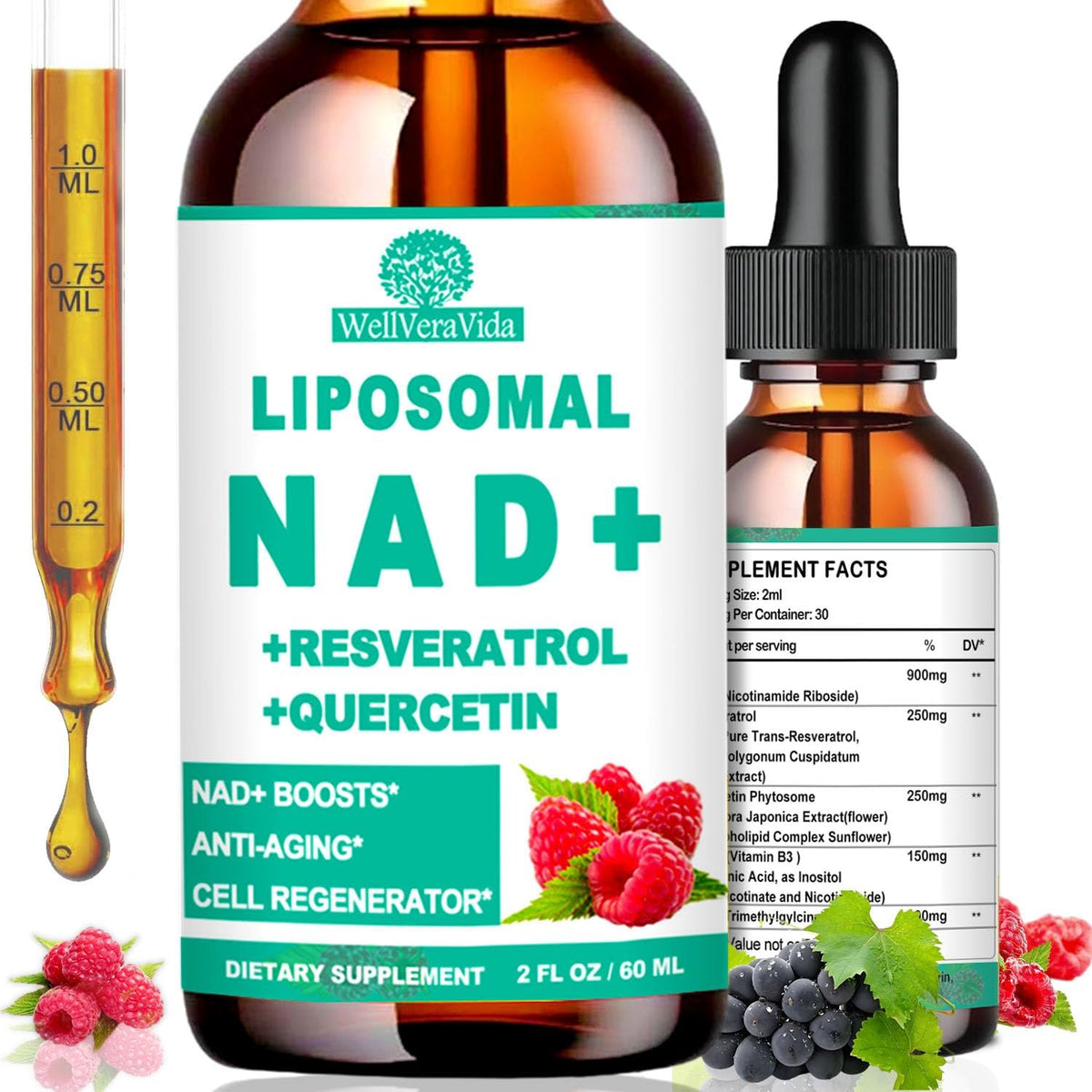 NAD+ Supplement with Liposomal Nicotinamide Riboside 900mg, Resveratrol, Quercetin, TMG & Vitamin B3 – Organic Liquid Formula for Cellular Health and Vitality - görsel 1