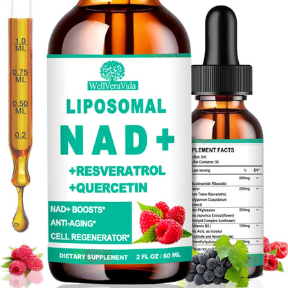 NAD+ Supplement with Liposomal Nicotinamide Riboside 900mg, Resveratrol, Quercetin, TMG & Vitamin B3 – Organic Liquid Formula for Cellular Health and Vitality