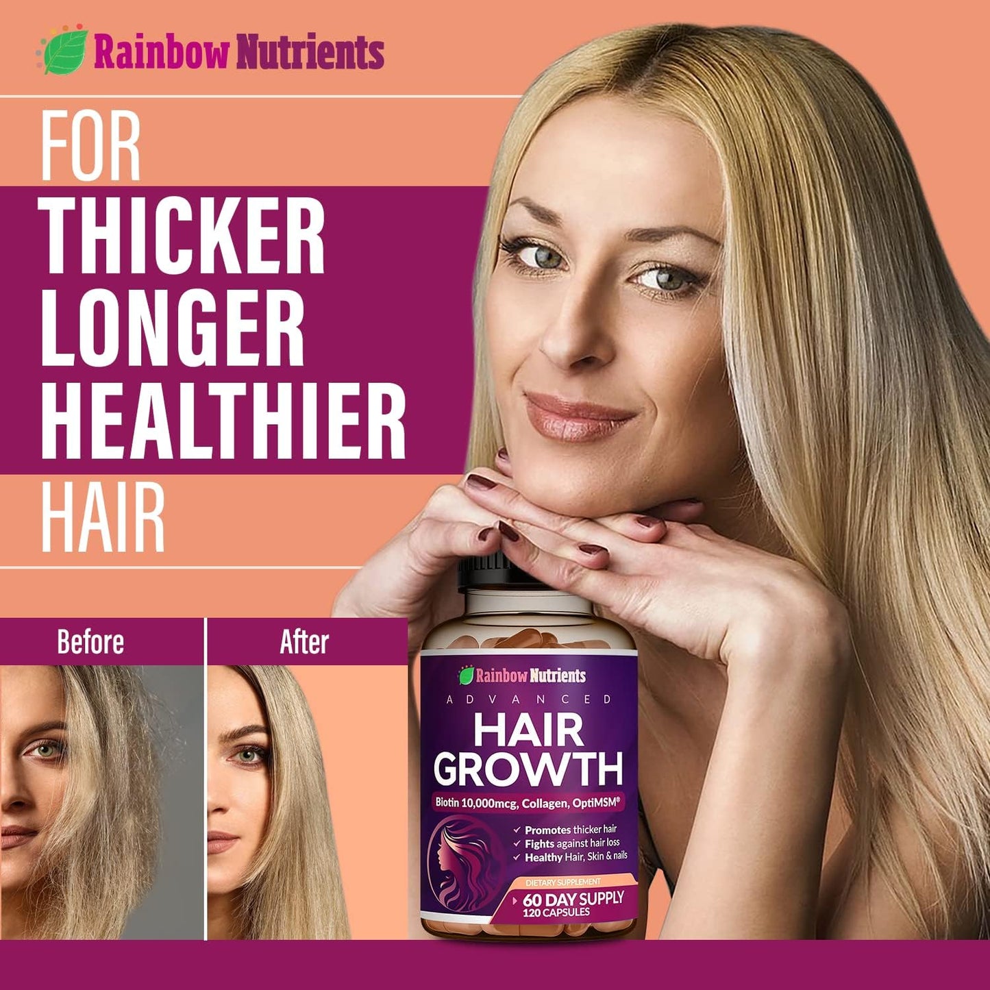 Rainbow Nutrients Hair Growth Vitamins for Women | Biotin 10,000mcg, Collagen, OptiMSM, Saw Palmetto | 60-Day Supply - görsel 3