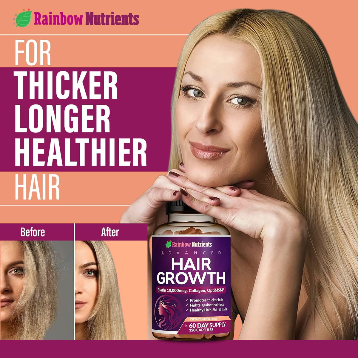 Rainbow Nutrients Hair Growth Vitamins for Women | Biotin 10,000mcg, Collagen, OptiMSM, Saw Palmetto | 60-Day Supply - görsel 3